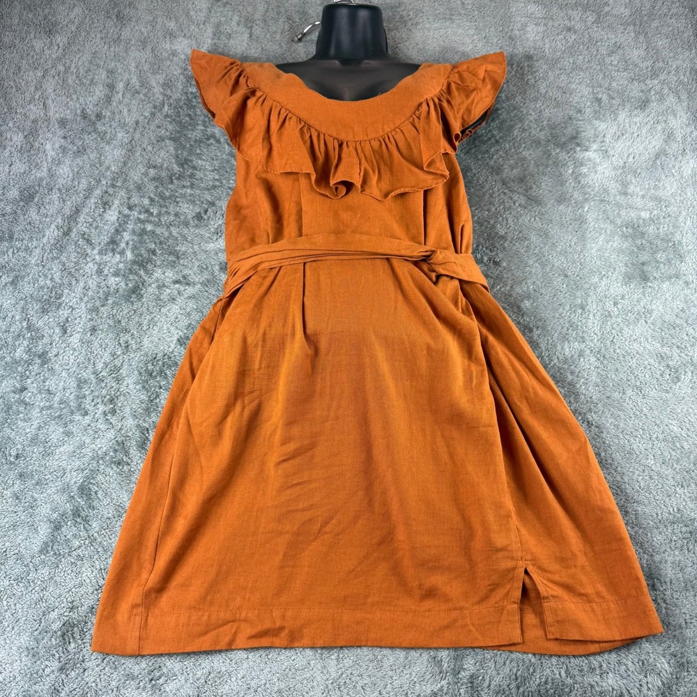 Free People LLara Ruffle Bib Cross Back Mini Dress Rust Orange Cotton Linen S
